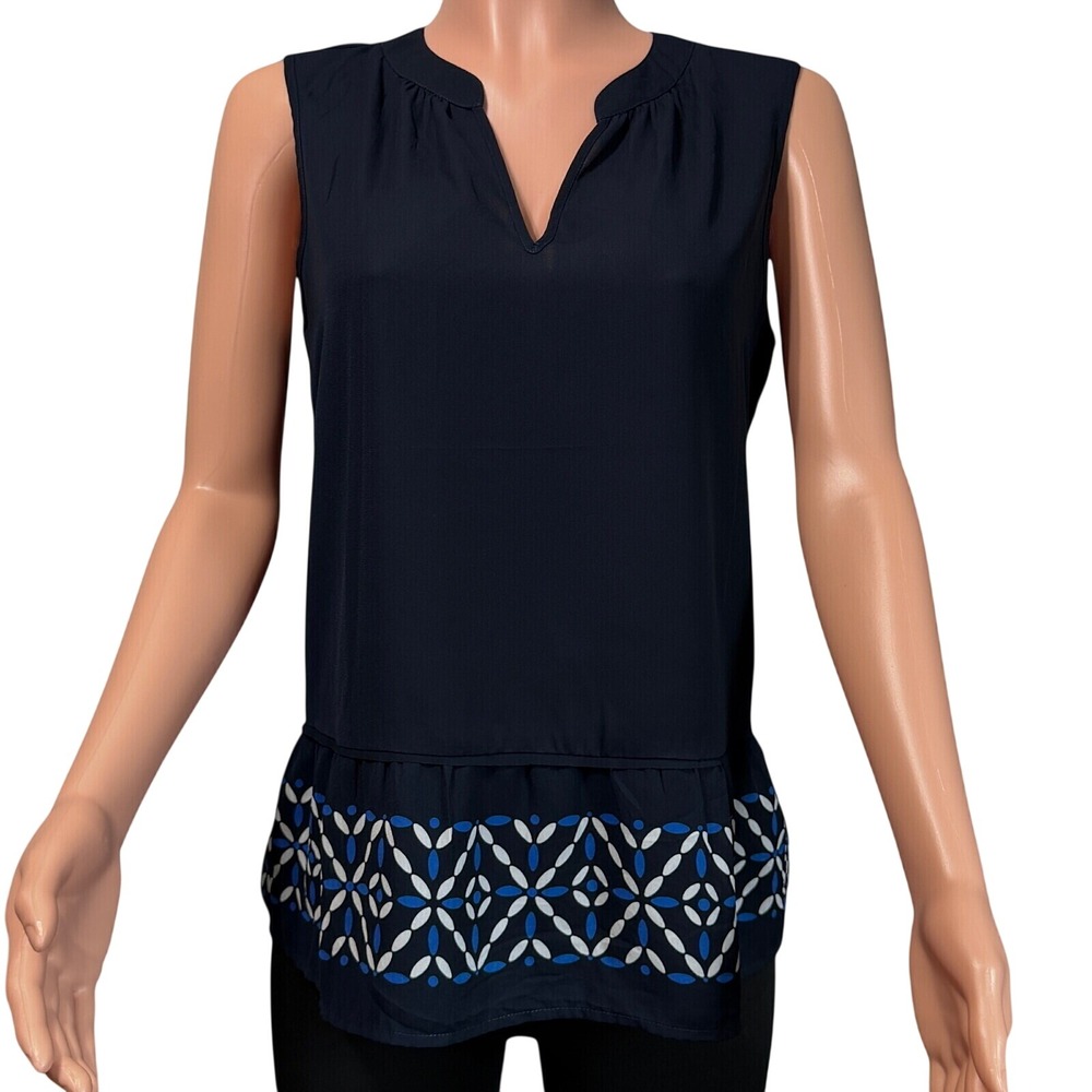 Tommy Hilfiger Navy Blue Sleeveless Peplum Blouse Geometric Print Hem Size M